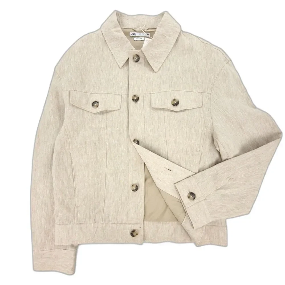 NWT Zara Man 100% Linen Old Money Cargo Button Down Shirt Jacket Ecru Luxe Small
